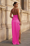 Pink One Shoulder Sheath Satin Long Prom Dresses With Slit