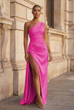 Pink One Shoulder Sheath Satin Long Prom Dresses With Slit