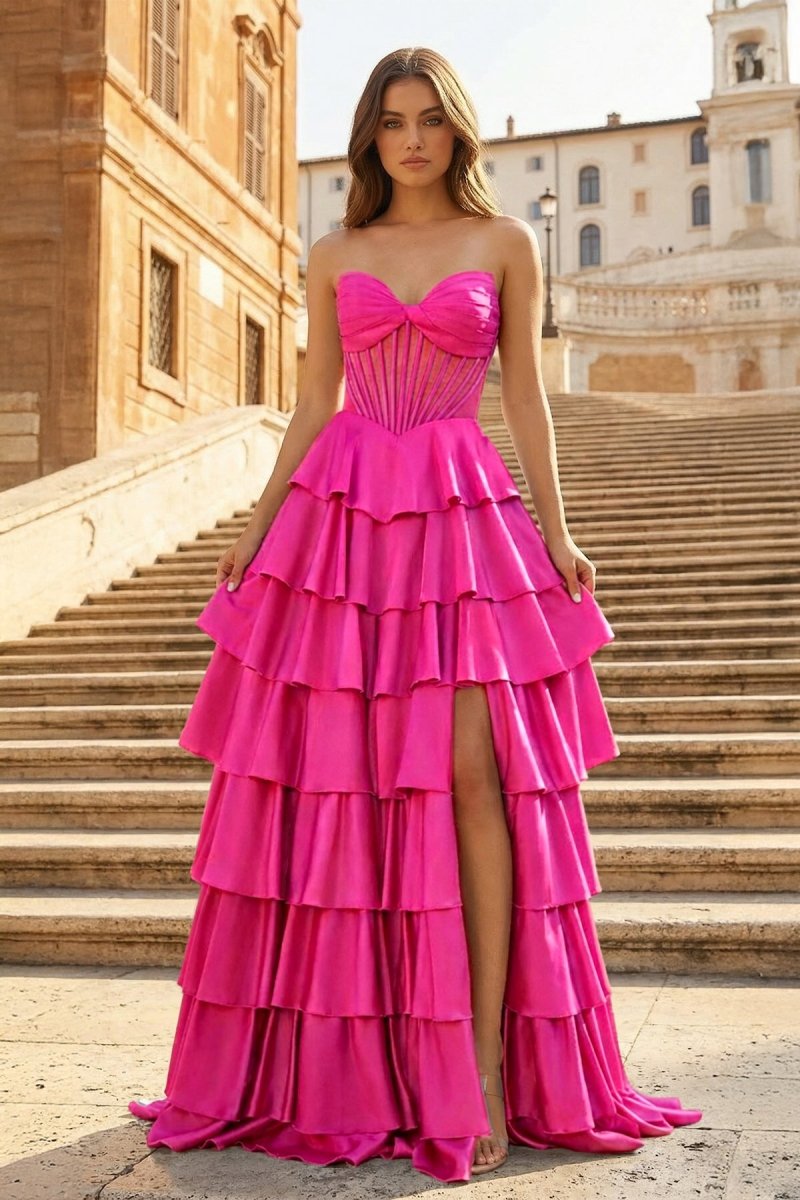Gray Sweetheart A Line Satin Ruffled Long Prom Dresses With Slit