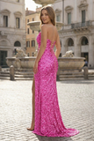 Sparkly Golden Sheath Sequins Long Prom Dress with Slit