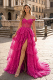 Periwinkle Tulle Appliques Off-the-Shoulder Ruffle Long Prom Dress