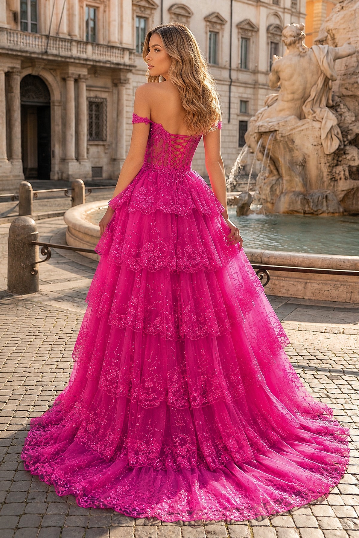 Periwinkle Tulle Appliques Off-the-Shoulder Ruffle Long Prom Dress