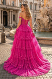 Periwinkle Tulle Appliques Off-the-Shoulder Ruffle Long Prom Dress