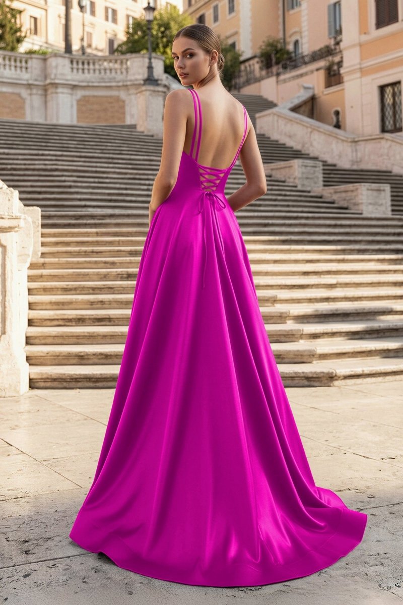 Burgundy Spaghetti Straps A Line Satin Long Prom Dresses With Slit