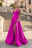 Burgundy Spaghetti Straps A Line Satin Long Prom Dresses With Slit