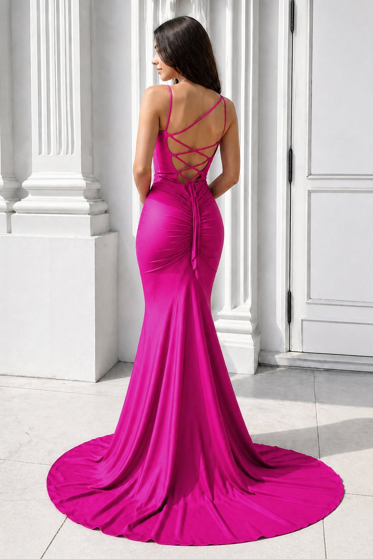 Purple Spaghetti Straps Lace-Up Mermaid Long Formal Dress