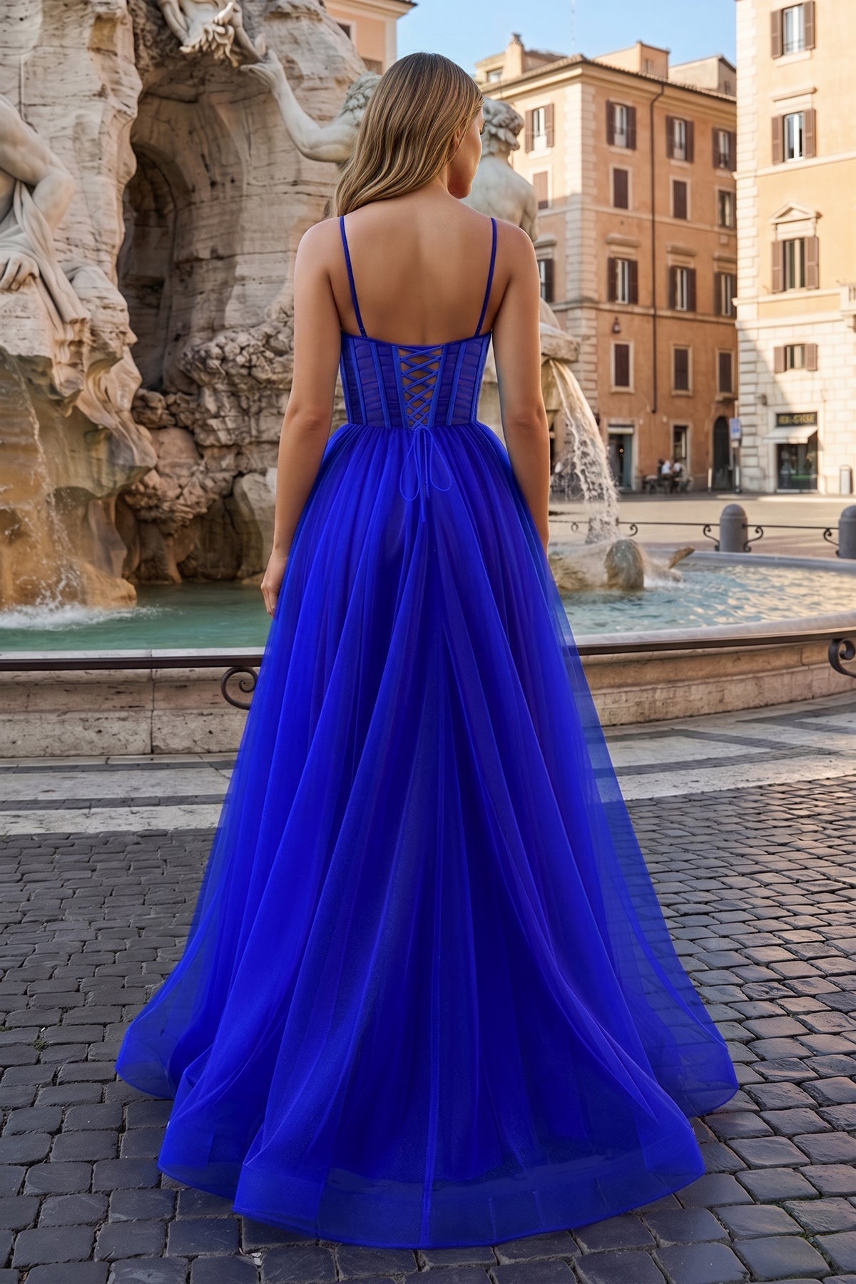 Fuchsia Spaghetti Straps Sheer Bodice A-Line Long Prom Dress with Slit