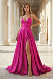 Pink Spaghetti Straps Satin Backless A Line Prom Dress With Pockets