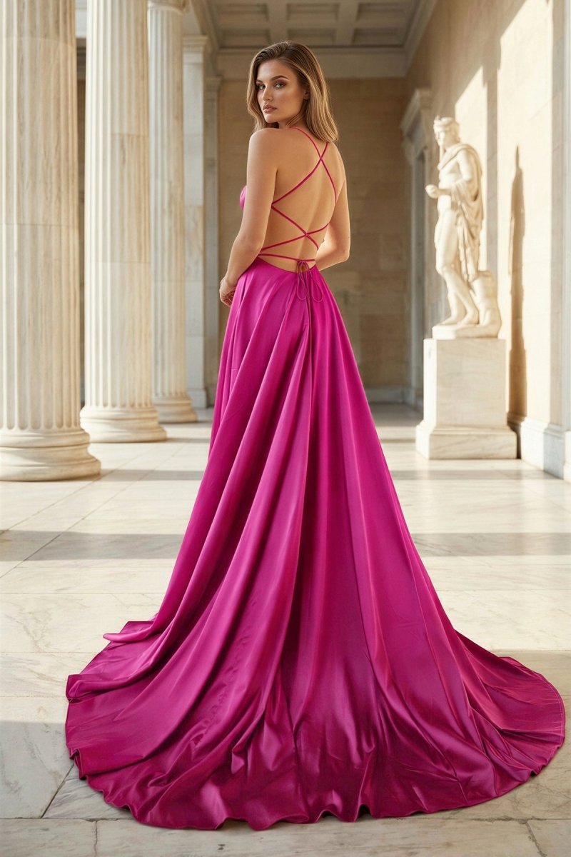 Pink Spaghetti Straps Satin Backless A Line Prom Dress With Pockets