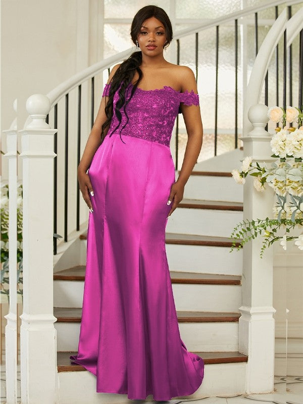 Sheath/Column Silk like Satin Applique Off-the-Shoulder Sleeveless Sweep/Brush Train Bridesmaid Dresses Evening Dress