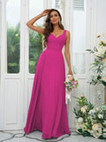 A-Line/Princess Chiffon Ruffles V-neck Sleeveless Floor-Length Bridesmaid Dresses Evening Dress