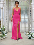 Sheath/Column Silk like Satin Ruched V-neck Sleeveless Sweep/Brush Train Bridesmaid Dresses Evening Dress