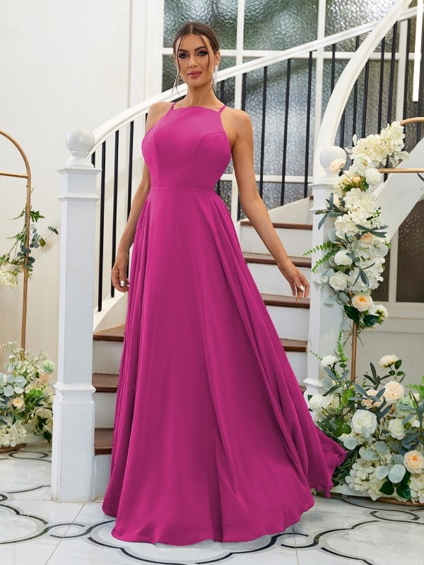 A-Linie/Princess-Linie Chiffon Rüschen Neckholder Ärmellos Bodenlang Brautjungfernkleider Abendkleid