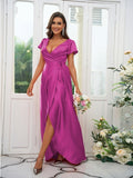 A-Line/Princess Silk like Satin Ruched V-neck Short Sleeves Floor-Length Bridesmaid Dresses Evening Dress