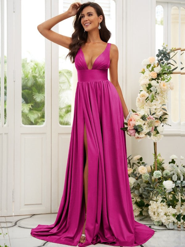 Vestido de dama de honor de corte A/princesa, jersey con volantes, escote en V, sin mangas, cola larga, para invitada de boda