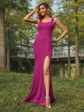 Sheath/Column Jersey Ruffles Straps Sleeveless Sweep/Brush Train Bridesmaid Dresses Evening Dress