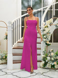 A-Line/Princess Silk like Satin Ruffles Spaghetti Straps Sleeveless Floor-Length Bridesmaid Dresses Evening Dress