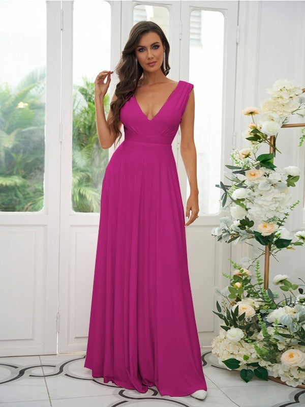 A-Line/Princess Jersey Ruffles V-neck Sleeveless Floor-Length Bridesmaid Dresses Evening Prom Dress