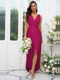 A-Line/Princess Charmeuse Ruched V-neck Sleeveless Sweep/Brush Train Bridesmaid Dresses Evening Dress