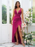 Sheath/Column Charmeuse Ruched V-neck Sleeveless Floor-Length Bridesmaid Dresses Evening Dress