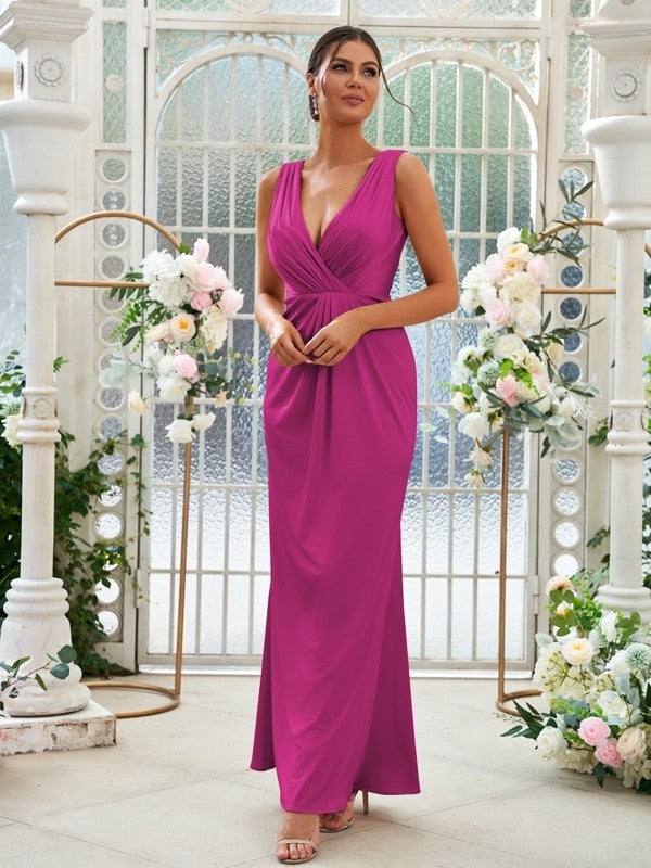 Sheath/Column Jersey Ruched V-neck Sleeveless Floor-Length Bridesmaid Dresses Evening Dress