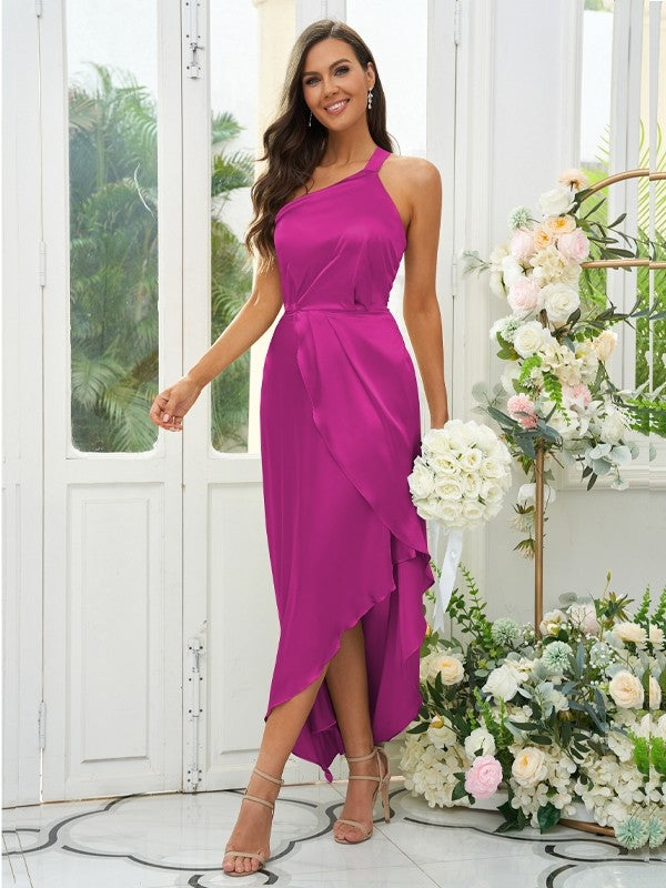 A-Line/Princess Silk like Satin Ruched One-Shoulder Sleeveless Tea-Length Bridesmaid Dresses Evening Prom Dress