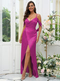 A-Line/Princess Silk like Satin Ruched V-neck Sleeveless Floor-Length Bridesmaid Dresses Evening Dress