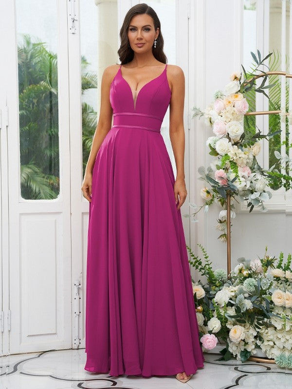 A-Line/Princess Chiffon Ruffles V-neck Sleeveless Floor-Length Bridesmaid Dresses Evening Prom Dress