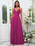 A-Line/Princess Chiffon Ruffles V-neck Sleeveless Floor-Length Bridesmaid Dresses Evening Prom Dress