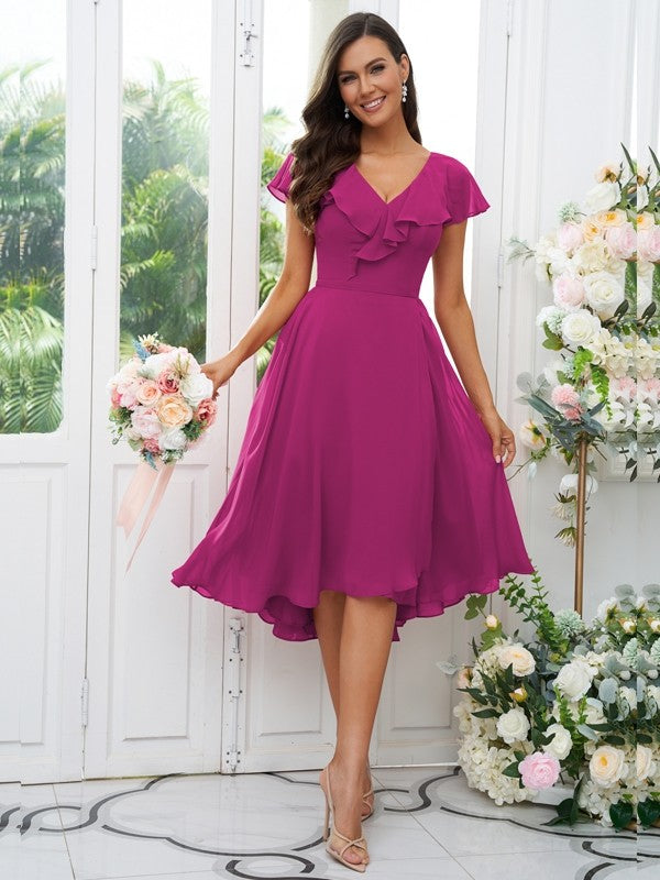 Vestido de dama de honor asimétrico de corte A/princesa, de gasa, con volantes, escote en V y mangas cortas, ideal para invitadas de boda y graduación.