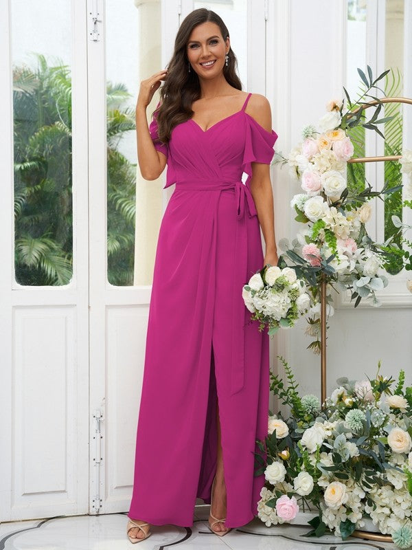 A-Line/Princess Chiffon Ruched V-neck Short Sleeves Floor-Length Bridesmaid Dresses Evening Dress