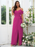A-Line/Princess Chiffon Ruched V-neck Short Sleeves Floor-Length Bridesmaid Dresses Evening Dress