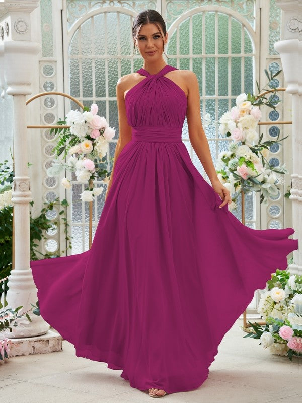 A-Linie/Princess-Linie Chiffon Rüschen Neckholder Ärmellos Bodenlang Brautjungfernkleider Abendkleid
