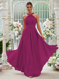 A-Linie/Princess-Linie Chiffon Rüschen Neckholder Ärmellos Bodenlang Brautjungfernkleider Abendkleid