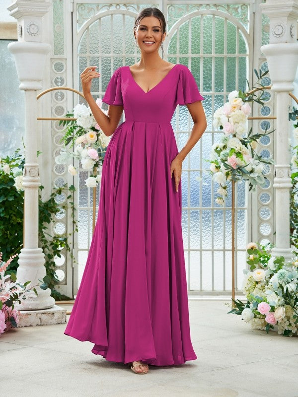 A-Line/Princess Chiffon Ruffles V-neck Short Sleeves Floor-Length Bridesmaid Dresses Evening Prom Dress