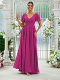 A-Line/Princess Chiffon Ruffles V-neck Short Sleeves Floor-Length Bridesmaid Dresses Evening Prom Dress
