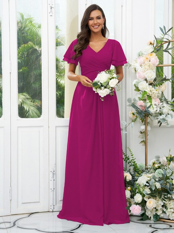 A-Line/Princess Chiffon Ruffles V-neck Short Sleeves Floor-Length Bridesmaid Dresses Evening Dress