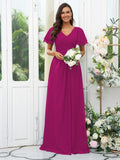 A-Line/Princess Chiffon Ruffles V-neck Short Sleeves Floor-Length Bridesmaid Dresses Evening Dress