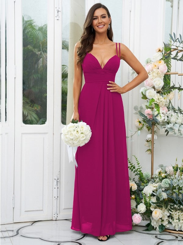 A-Line/Princess Chiffon Ruched V-neck Sleeveless Floor-Length Bridesmaid Dresses Evening Prom Dress