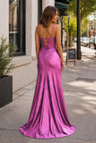 Sheath Spaghetti Straps Black Satin Long Prom Dresses with Lace Appliques
