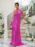 Sheath/Column Sequins Ruched One-Shoulder Sleeveless Sweep/Brush Train Bridesmaid Dresses Evening Dress
