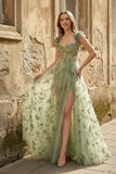 A-line Butterfly Lace Lilac Corset Prom Dress with Slit
