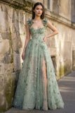 A-line Butterfly Lace Lilac Corset Prom Dress with Slit