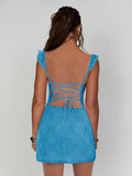 Sky Blue Scoop Neck Sheath Lace Short Homecoming & Cocktail Dress With Slit