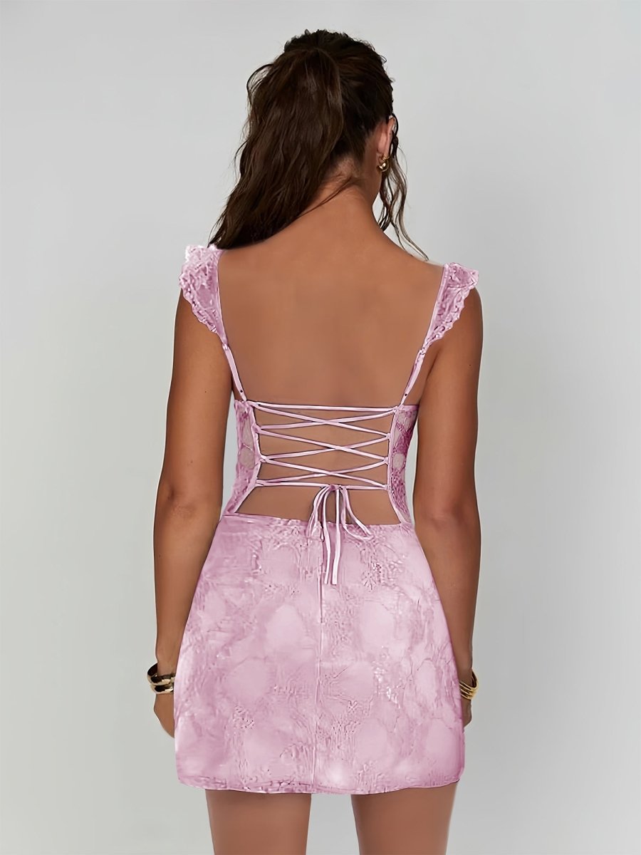 Pink - Scoop Neck Sheath Lace Short Homecoming & Cocktail Dress With Slit