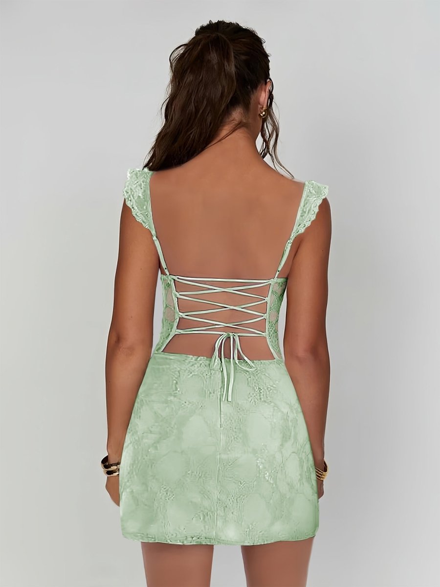 Sage - Spaghetti Straps Sheath Lace Short Homecoming & Cocktail Dress With Slit