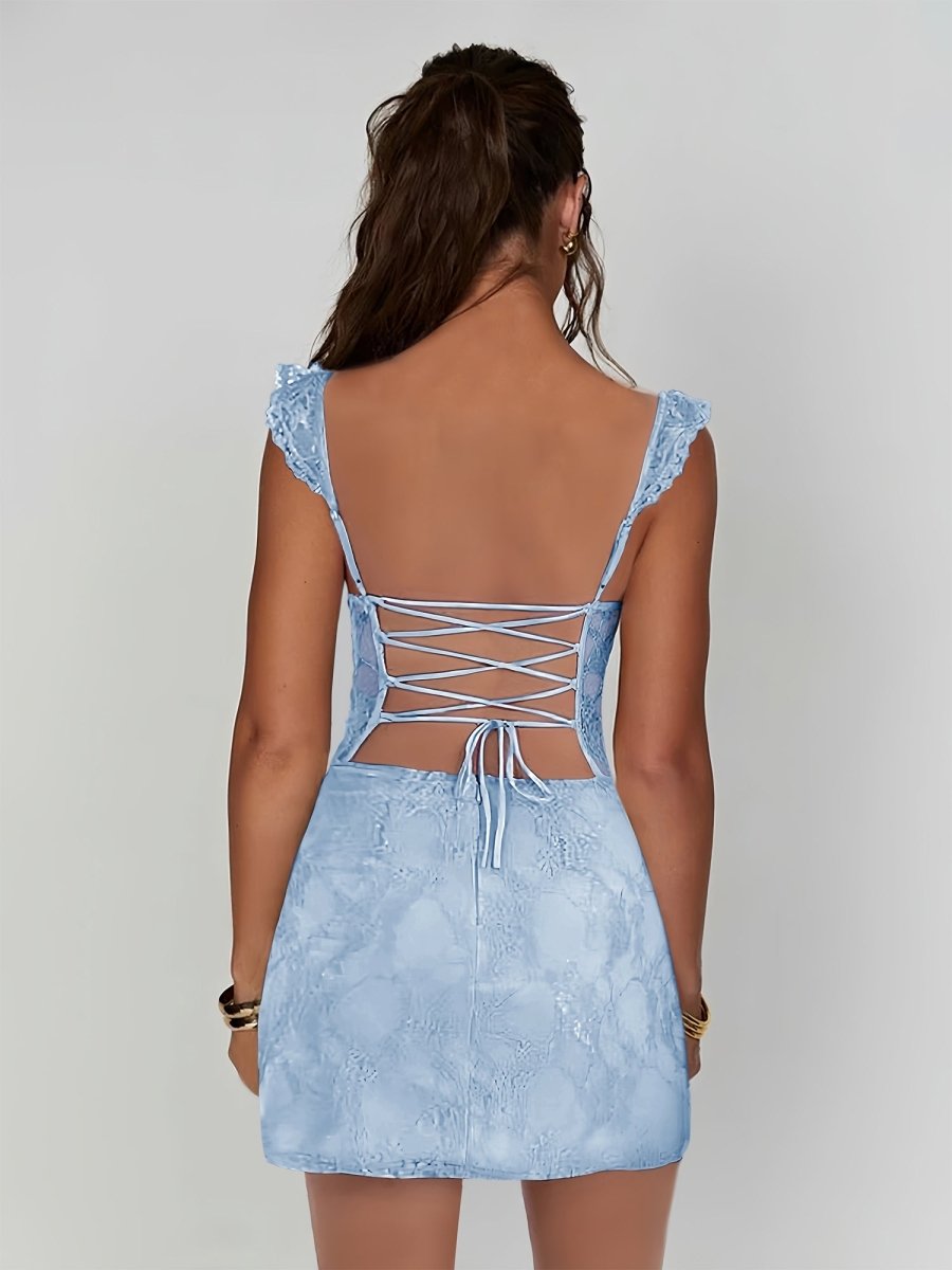Sky Blue Scoop Neck Sheath Lace Short Homecoming & Cocktail Dress With Slit