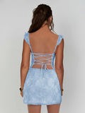 Sky Blue Scoop Neck Sheath Lace Short Homecoming & Cocktail Dress With Slit
