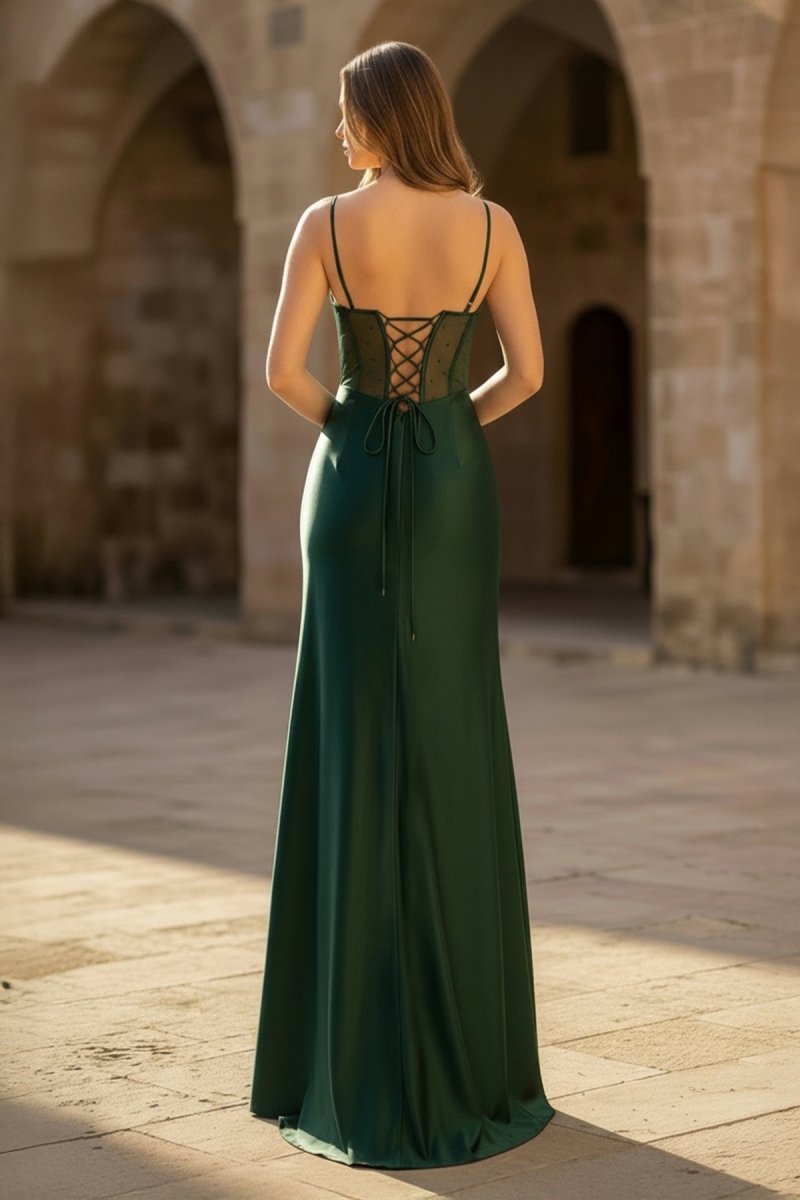 Sheer Corset Dark Green Beaded Mermaid Long Formal Dress