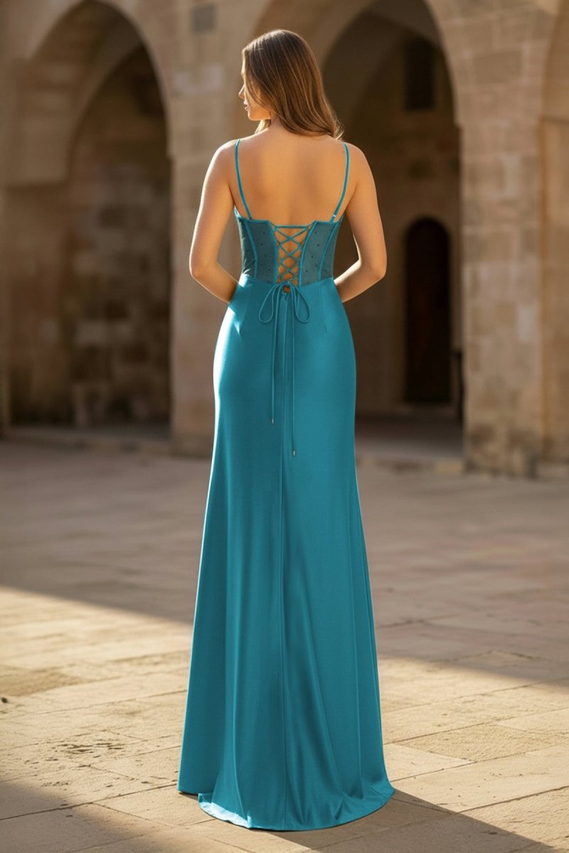 Sheer Corset Dark Green Beaded Mermaid Long Formal Dress